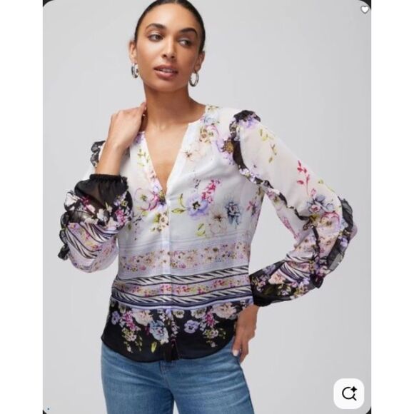 NWT White House Black Market Floral Print Ruffle Trim Blouse S - Picture 1 of 8